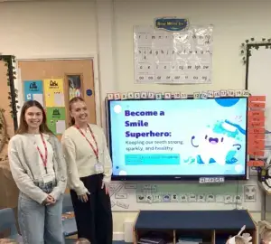 Dentist Kate and hygiene therapist Jessica from Boroughbridge dental centre visting kirby hill primary school